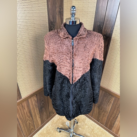 BEAUTIFUL MULTICOLOR BLACK & BROWN PERSIAN LAMB KARAKUL FUR COAT JACKET X-LARGE - Picture 2 of 10